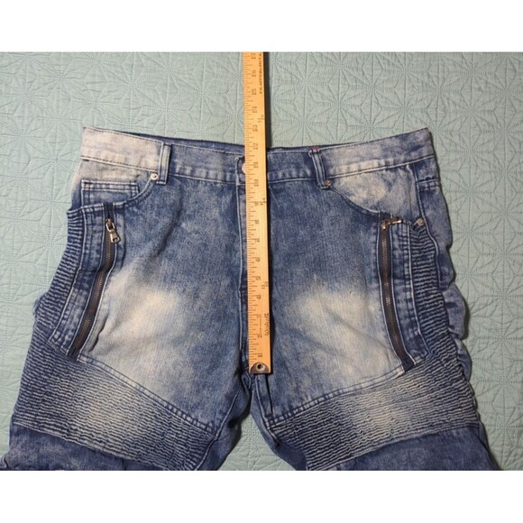 Lion Dynasty Mens 38 Slim Acid Wash Blue Jean Shorts 5 Pockets Moto Biker Ribbed - Picture 10 of 10